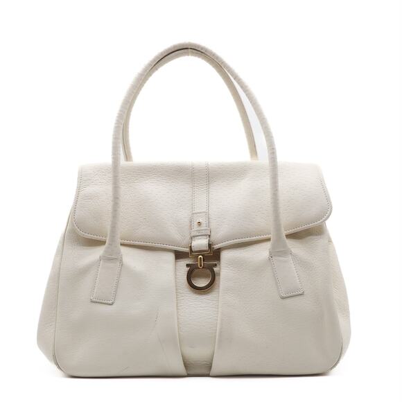 Salvatore Ferragamo Gancini Textured Leather Top Handle Ivory Satchel - Picture 1 of 14